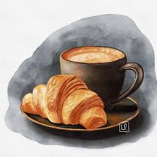 Drawing of a plate with a croissant and a mug of coffee